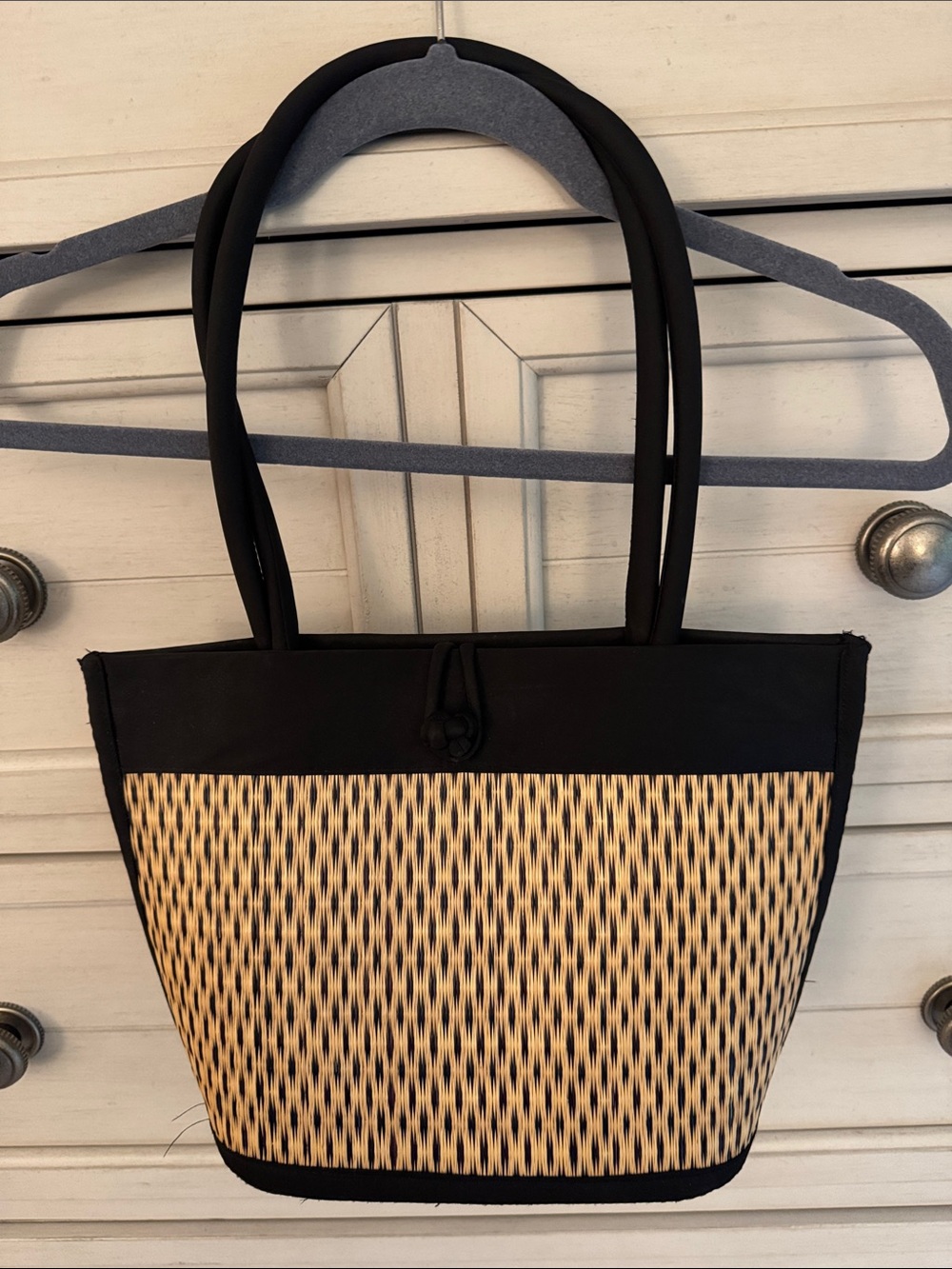 Black and Natural Woven Panel Tote Bag with Double Handles